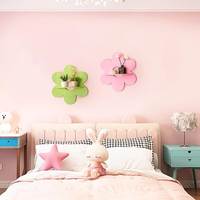Cute Shelf Pink Floating Shelves, 2Pcs Flower Shaped Green Floating Shelves Display Daisy Decor for Bathroom Livingroom Bedroom Shelves (Pink Green)