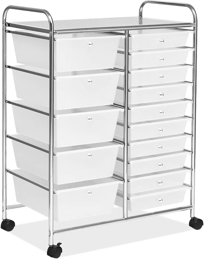 RELAX4LIFE Storage Drawer Carts W/15-Drawer,Rolling Wheels Semi-Transparent Multipurpose Mobile Rolling Utility Cart for School, Office, Home, Beauty Salon Storage Organizer Cart (Clear)