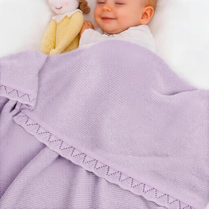 Baby Knit Blanket Soft Breathable Cotton Scallop Border Blankets Newborn Knitted Blanket Swaddle Blankets Gifts for Baby Newborn Toddler Shower Boy Girl New Mom Birthday Christmas Lilac 30x30