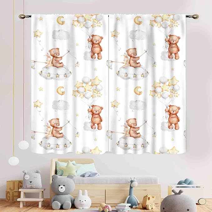 Cartoon Bear Curtains, Kids Boys Girls Cute Lovely Bear Star Cloud Ballon Pastel Window for Baby Living Room Bedroom Nursey Toddler Classroom 2 Panels, 63"x72" Inch