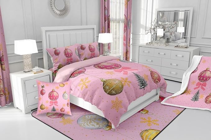 Erosebridal Merry Christmas Full Bedding Sets Xmas Tree Comforter Sets Kids Snowflake Happy New Year Down Comforter for Boys Girls Pink Bownot Decor Bed Set