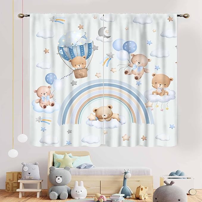 Bear Curtains for Kids Room, Baby Boys Girls Cute Lovely Bear Cloud Boho Rainbow Pastel Blue Window Drapery Treatments for Living Room Bedroom Nursey Toddler Classroom 2 Panels, 42"x54" Inch