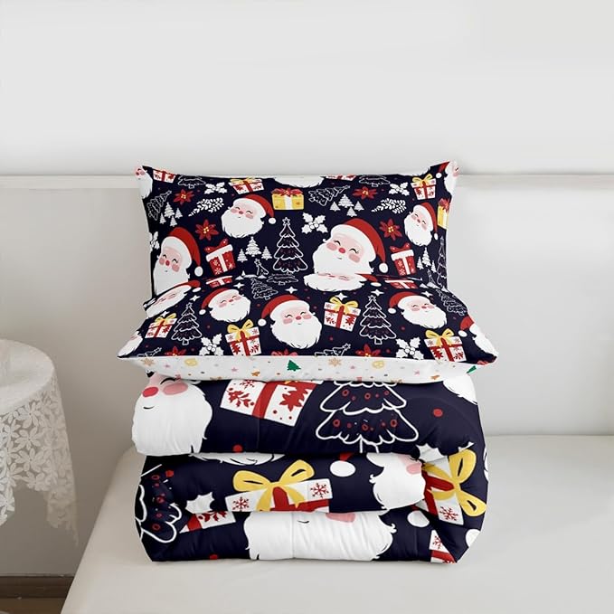 jejeloiu Santa Claus Comforter Set Full Size Merry Christmas Bedding Set for Kids Boys Girls Xmas Themed Duvet Quilt Dark Blue Bedroom Decor