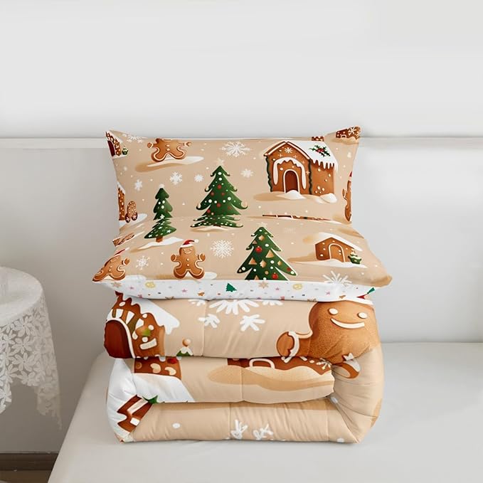 Feelyou Christmas Bedding Set Soft for Boys Girls, Gingerbread Man Comforter Set Full Size Snowflake Duvet Quilt Microfiber Xmas Tree Bedroom Decor 3 Pcs with 2 Pillow Cases