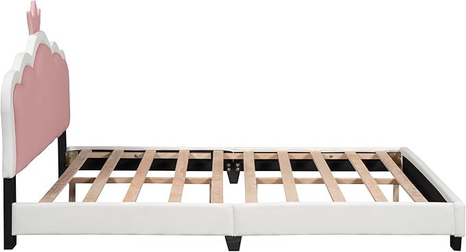 Full Size Princess Bed Frame with Crown Shaped Headboard for Kids,Upholstered Platform Bed with Slats Support,Full Girls Bed,Full Bed for Girls Teens,White