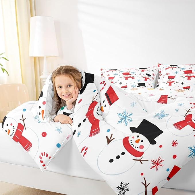 Feelyou Merry Christmas Comforter Set All Season Snowman Bedding Set with 1 Pillow Cases Winter Holiday Microfiber Kids Twin Bedclothes New Year Gift Bedroom Decor Duvet Quilt Soft Lightweight