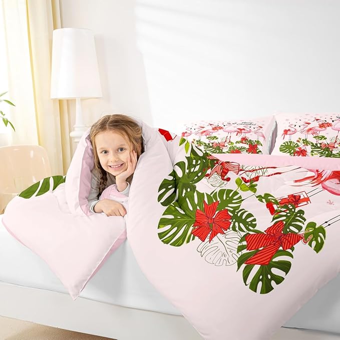 Merry Christmas Comforter Set King Size,Pink Flamingo Cartoon Bird Animal Bedding Set All Season Quilt Set,Winter Snowflake Green Leaves Microfiber Polyester Down Comforter