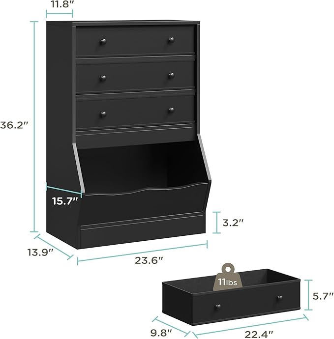 MHOM Toy Storage Organizer with Open Cube, Kids Bookshelf and Toy Storage with PU & Non-Woven Fabric Drawers, Small Book Shelf for Kids Rooms, Playroom and Nursery, Black