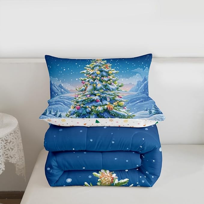 Feelyou Christmas Comforter Set Twin Size Xmas Tree Bedding Set for Kids Boys Girls Winter Snowflake Duvet Quilt Christmas Tree Ornaments Bedroom Decor Microfiber 2 Pcs with 1 Pillow Cases