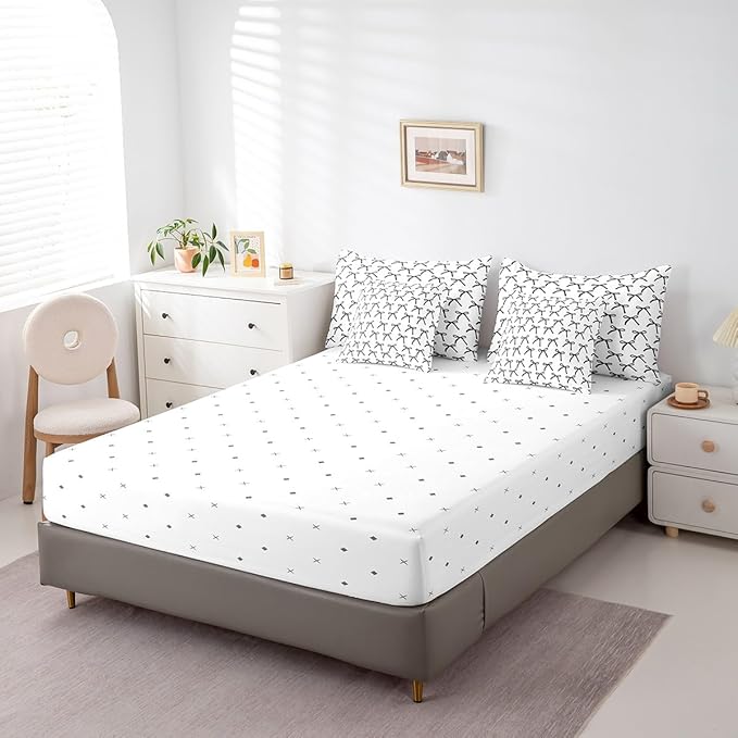 7 Pieces Cartoon Bowknot Kids Comforter King Size,Bow Tie Geometric Patchwork Modern Bedding Set,Bow Butterfly Knot Black White Simple（Comforter+Fitted+Flat+2 Pillowcases+2 Throw Pillow Covers）