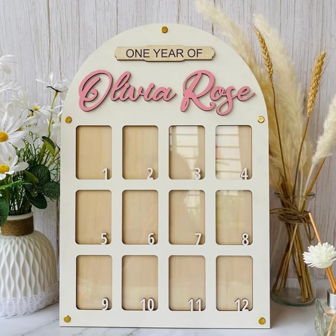 Personalized First Year Frame | Baby 1st Photo Frame, Custom Wooden Photo Display Board, My First Year Board for Birthday Photo Board and Decorations