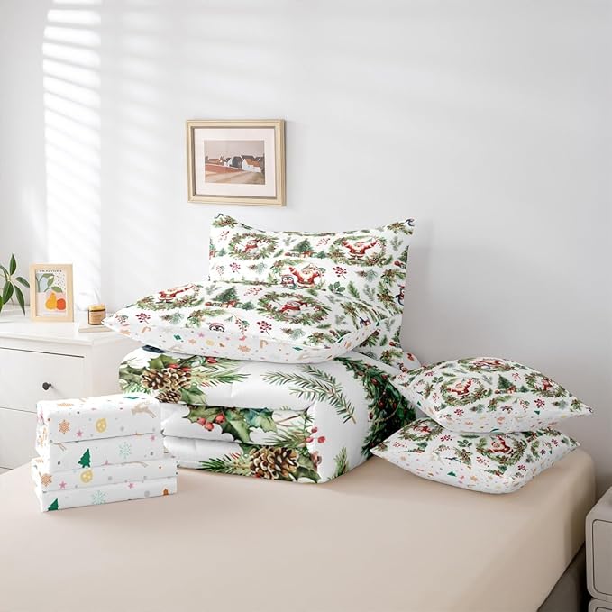 Erosebridal Christmas Santa Claus Bed in A Bag 7 Pcs Cute Penguin Snowman Comforter Set for Women Men Xmas Berry Tree Bedding Sets King Berry Branches Holiday Wreath Sheet Set with Comforter
