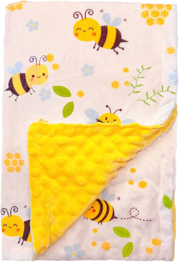 Bee Minky Blanket - Soft Double Layer Plush, Toddler to Newborn, Dotted Backing, Shower Gifts (30 X 40 inches)