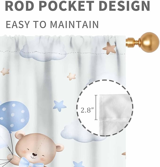 Bear Curtains for Kids Room, Baby Boys Girls Cute Lovely Bear Cloud Boho Rainbow Pastel Blue Window Drapery Treatments for Living Room Bedroom Nursey Toddler Classroom 2 Panels, 55"x63" Inch