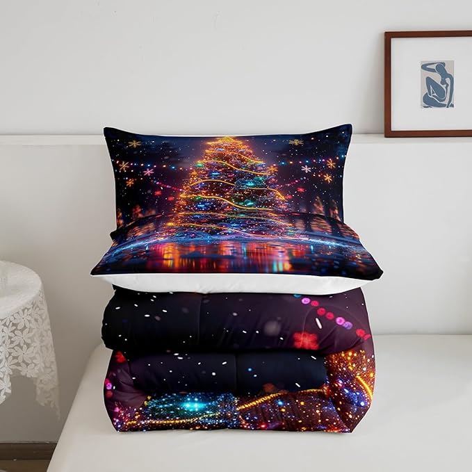 3D Christmas Tree Comforter Set Twin Size,Snowflake Glitter Polka Dot Bedding Set for Kids Boys Girls Room Decor,Merry Christmas Quilt Set 2Pcs,Xmas Neon Style Fashion Duvet Insert,1 Pillowcase