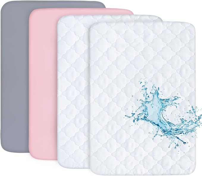 Biloban Pack n Play Sheets and Waterproof Mattress Protector, Grey&Pink, Breathable, Washable, Water Proof, 4 Pack