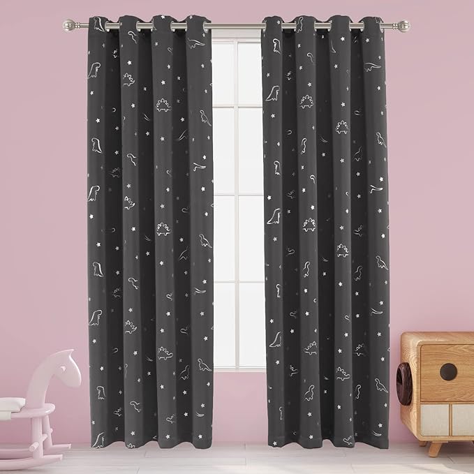 LORDTEX Dinosaur and Star Foil Print Blackout Curtains for Kids Room - Thermal Insulated Curtains Noise Reducing Window Drapes for Boys and Girls Bedroom, 52 x 84 Inch, Grey, Set of 2 Panels