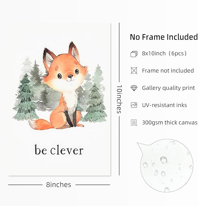Wodkwq Nursery Wall Art Woodland Animal Canvas Prints Baby Girl Boy Room Decor Cute Poster Pictures Forest Theme Toddler Room Decoration Painting Set of 6 for Kids Bedroom Bathroom 8x10in Unframed