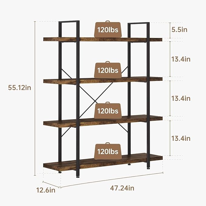 4 Tier Bookcase, 47 Inch Wide Wood Bookshelf, 120lbs Shelf Capacity Estante, Rustic Open Shelving Industrial Display with Reinforced Horizontal Brown Shelves for Living Room Bedroom Office