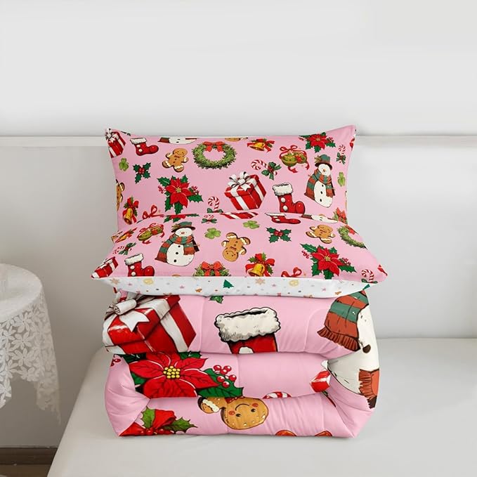 jejeloiu Merry Christmas Comforter Set King Size Cute Snowman Bedding Set for Kids Boys Girls Gingerbread Man Duvet Quilt Pink Bedroom Decor