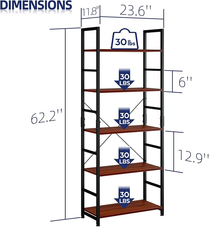 NUMENN 5 Tier Bookshelf, Tall Bookcase Shelf Storage Organizer, Modern Book Shelf for Bedroom, Living Room and Home Office, Teak
