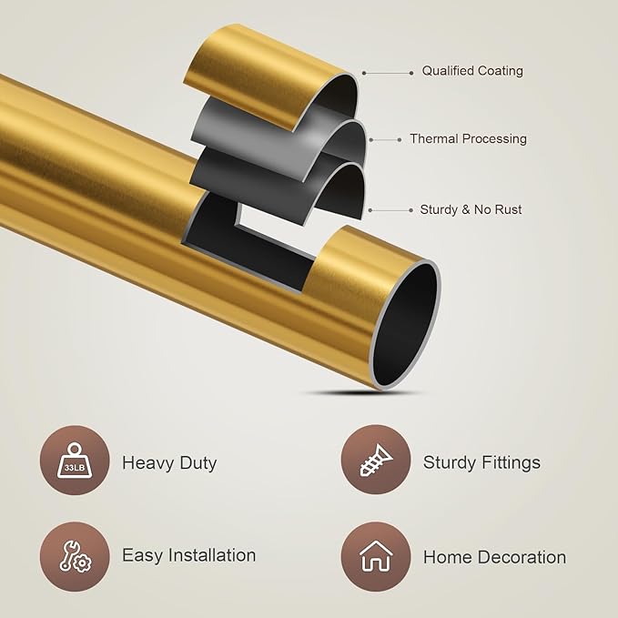 Gold Curtain Rods for Windows 66 to 120 Adjustable Modern Curtain Rod 1 inch Diameter Heavy Duty with Solid Metal Finials for Living Room Bedroom Farmhouse Outdoor Patio