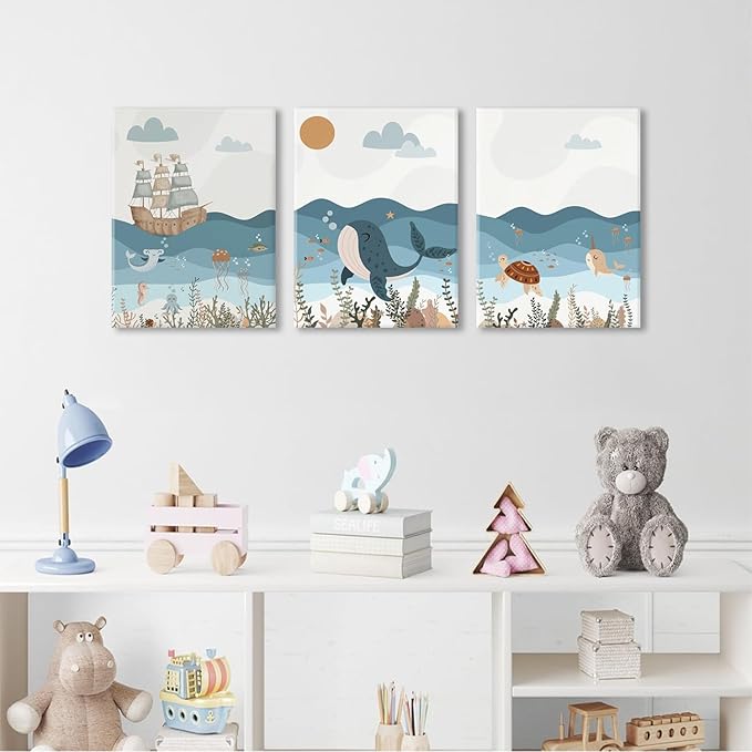 LYPHNX Framed Blue Ocean Nautical Nursery Canvas Wall Art Sea Turtle Whale Animal Painting Picture Set of 3 Kids Prints Poster Wall Decor for Baby Boys Girl Children's Room Bedroom Bathroom 16"x24"