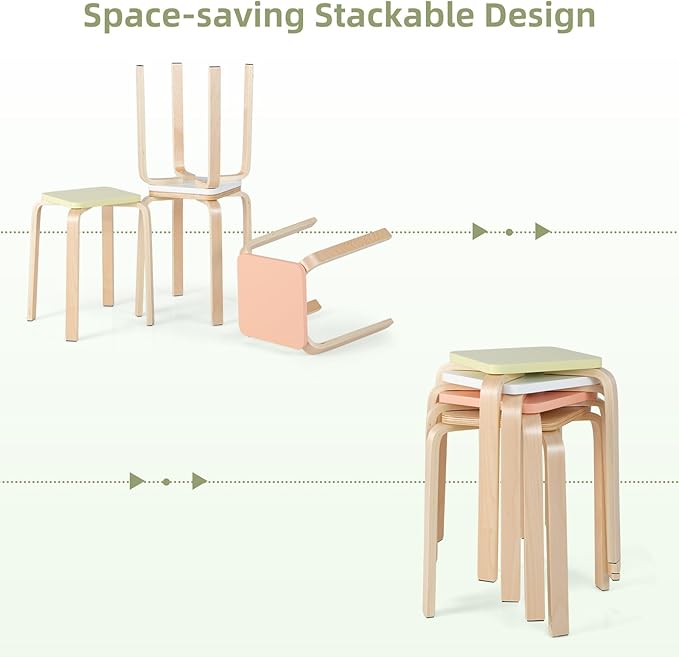 GOFLAME Stackable Wooden Stools Set of 4, Backless Chairs with Square Top, Anti-Slip Felt Mats, Portable Seating for Classroom, Office, Dinning Room, Living Room, Kitchen, Bar Counter, Assorted Color