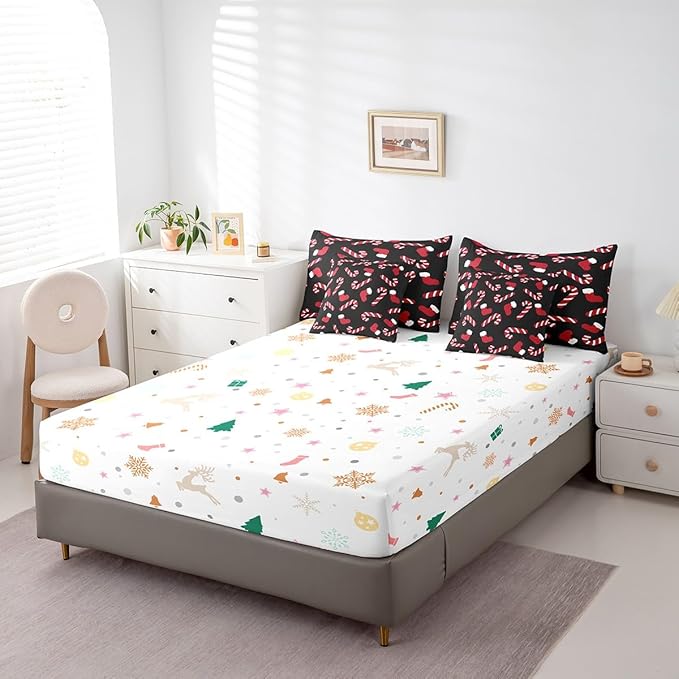 Merry Christmas Kids Bedding Set Xmas Theme Comforter Set with Sheets for Boys Girls Christmas Stockings Candy Decor Bed in a Bag Red Black Xmas Theme Bed Set 7Pcs King Size