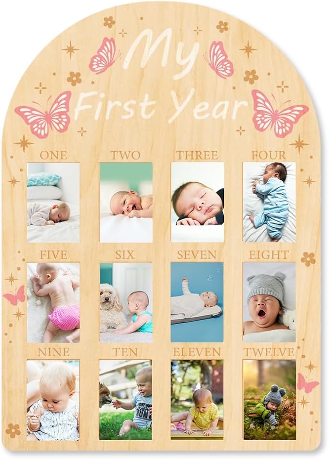 ORIGACH My First Year Baby Growth Photo Display Wood Board - 12 Months Newborn Milestones Picture Frame - Neutral Baby Keepsake Board 1st Birthday Party Nursery Decor New Mom Gift - Pink Butterfly