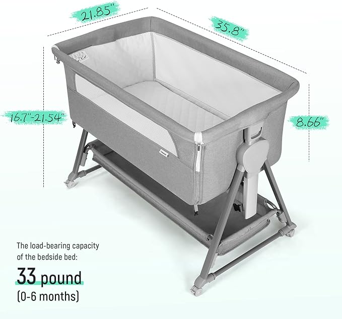 Cowiewie Bassinet Bedside Sleeper, Baby Bassinet with 7 Adjustable Height, Bedside Bassinet for Baby with Storage, Breathable Mesh & Mattress, Portable Bassinet Easy Folding (Pyramid Light Gray)