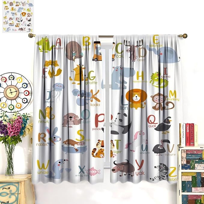 Kids Alphabet Curtains Funny Cartoon Educational Learning Cute Animal Zebra Curtain with Rod Pocket for Bedroom Living Room Decor Drapes Window Treatments 2 Panels Set 63" W X 63" L