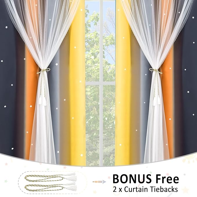 Kinryb Nursery/Kids/Girls Room Star Cut Out Blackout Rainbow Curtain with Sheer Overlay 2 Panels, Each 52 inch Wide,45 inch Length with White Gauze,Ombre Stripe Rainbow Curtains (2 Panels,52x45 Inch)