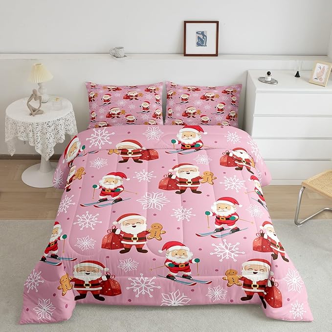 Erosebridal 7Pcs Cute Santa Claus Comforter Set Twin Size,Xmas Gingerbread Bedding Set for Kids Boys Girls,Christmas Snowboard Snowflake Bed in A Bag,Pink Christmas Quilt with Flat Fitted Sheet