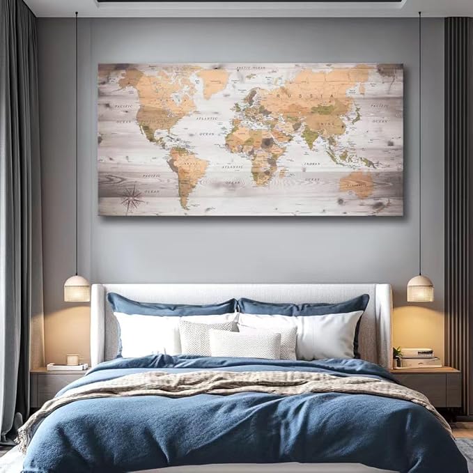 Large Wall Art grey map of The World Painting Ready to Hang 36"x70"Large Framed Wall Art World Map Canvas Map Decorations Artwork Prints