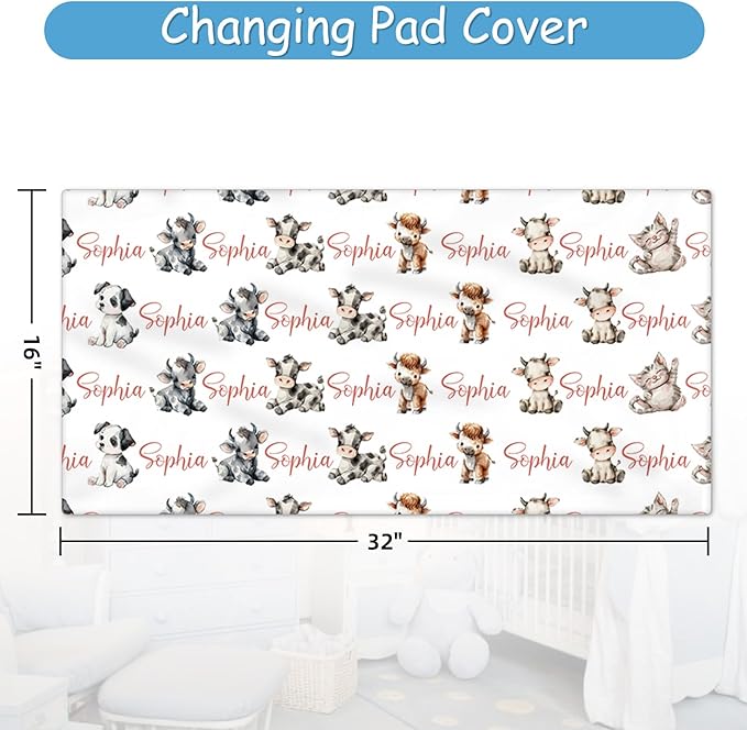 Personalized Baby Crib Bedding Set, 5 Pcs Custom Farm Animals Pattern Nurery Bedding Set for Boys and Girls, Baby Blanket with Dotted Backing, Newborns Infant & Toddler Customized Gifts