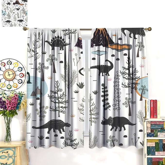 Funny Dinosaur Curtains Cute Dino Cartoon Animals Abstract Aesthetics Art Print for Kids Girls Boys Bedroom Living Room Rod Pocket Decoration Window Drapes 2 Panels W26xL84in