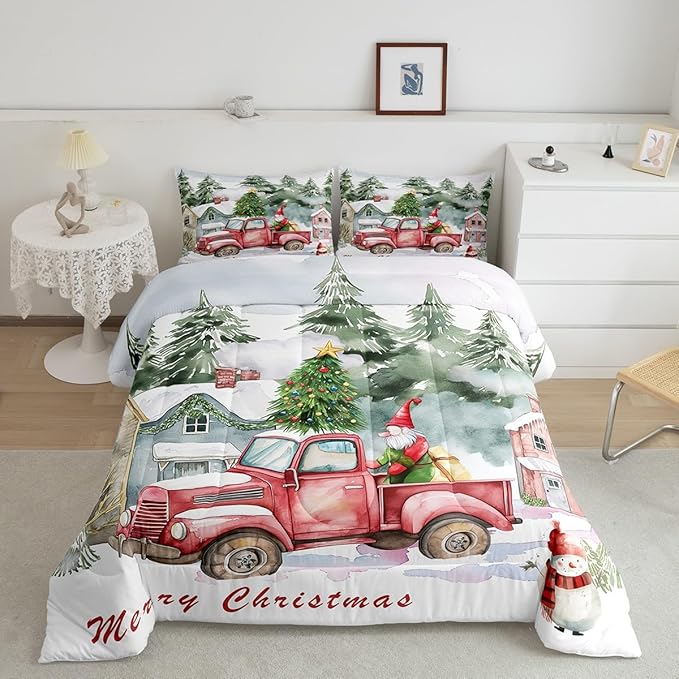 Red Old Truck Comforter Set Twin Size,Christmas Tree Gnome Bedding Set for Kids Boys Girls Room Decor,Snowman Winter Rustic Style Quilt Set 2Pcs,Merry Christmas Retro Duvet Insert,1 Pillowcase