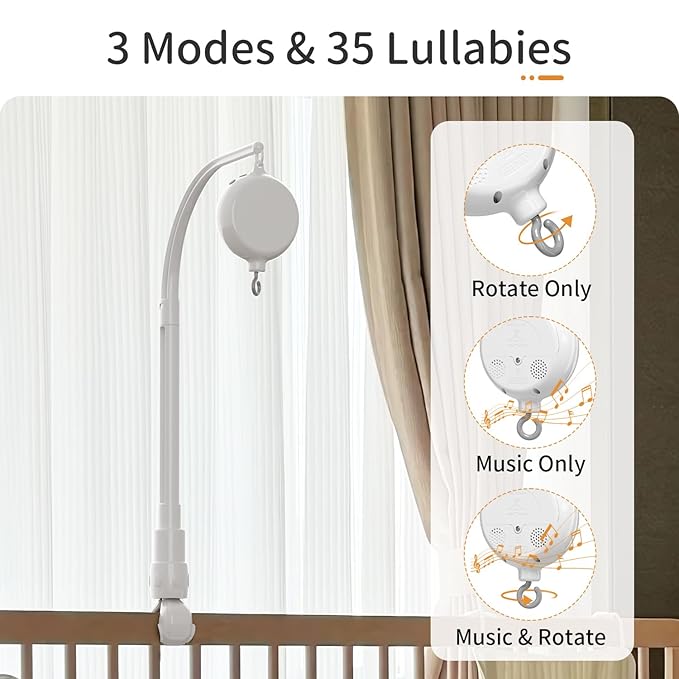 FEISIKE Crib Mobile Motor, Baby Music Box Spinner with 3 Modes（Spin Only, Music Only, Spin & Music 0-100 Volume Control,35 Lullabies,Portable Sound Machine,Auto-Off 30 Minutes, Battery Operated