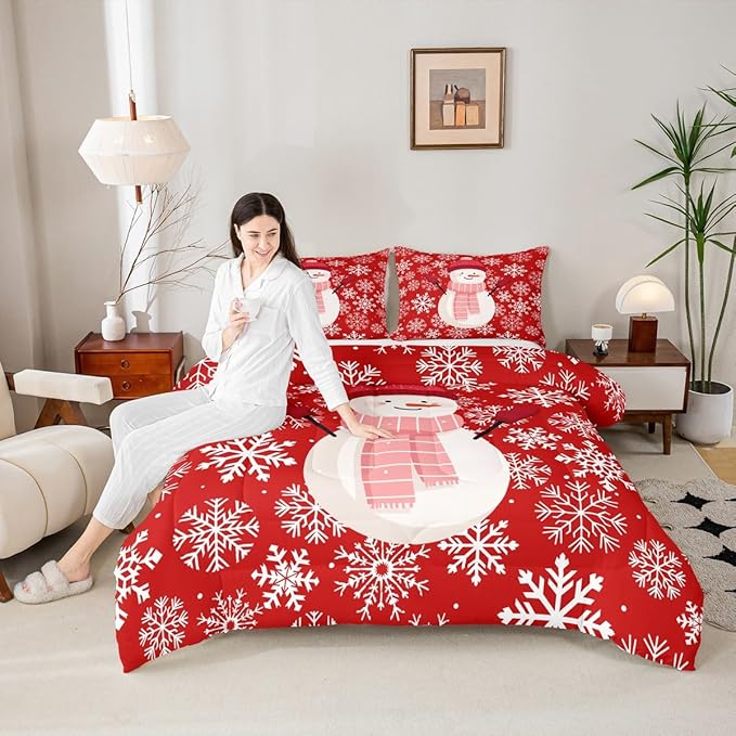 Feelyou Christmas Comforter Set All Season Snowman Red Bedding Set with 2 Pillow Cases Xmas Snowflakes Microfiber Kids Queen Bedclothes Winter Snow Bedroom Decor Duvet Quilt Breathable Soft