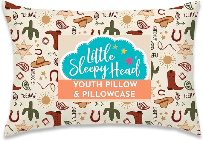 Little Sleepy Head Youth Pillow with Pillowcase 16x22 - Soft Jumbo Toddler & Hypoallergenic Kids Travel Pillow - Perfect for Sleeping (Giddyup)
