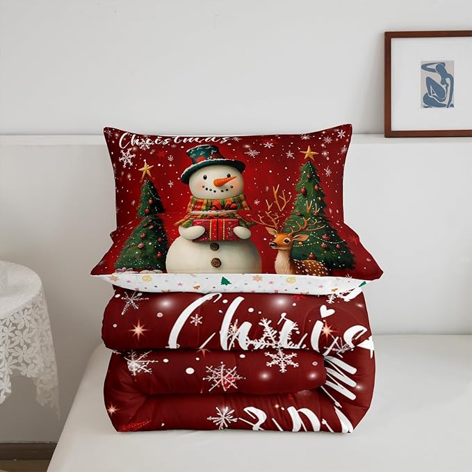 Manfei Merry Xmas Bedding Set Queen Size,Cute Deer Snownman Comforter Set Kids Boys Girls Room Decor,Christmas Tree Gift Quilt Set Soft Duvet Insert 3pcs with 2 Pillowcases