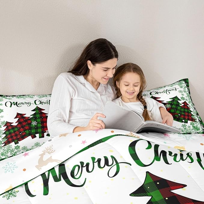 Castle Fairy Christmas Full Size Comforter Set,Pine Trees Green Snowflake Glitter Shiny Bedding Comforters Bedroom Collection,Winter Festival Plaid Checkered Bedding Set for Girls Teens