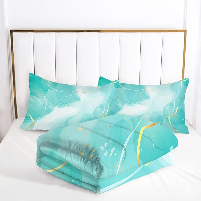 Comforter Set Teal Marble: King Size Aqua Marble Bedding Sets for Women Adults Room Decor Abstract Cyan Blue Green Quilt Luxury Gold Bed Set 1 Comforter & 2 Pillowcases