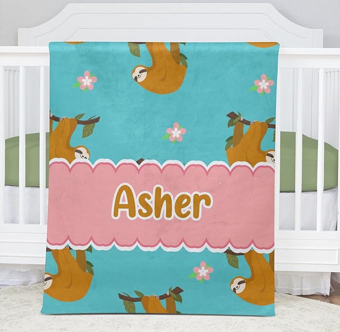 Sloth and Flower Personalized Receiving Sherpa Fleece Baby Blankets for Girls Boys Kids, Swaddle Blankets Gift for Newborn Crib Infants 30x40 Inches