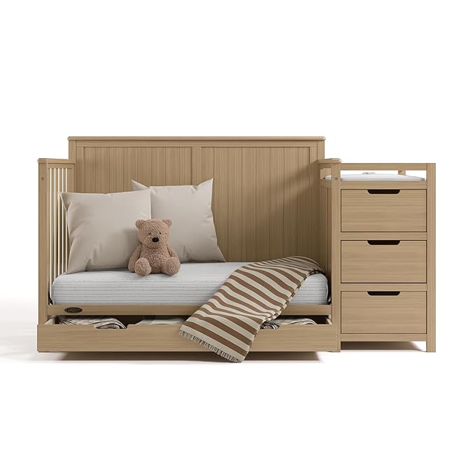 Graco Hadley 5-in-1 Convertible Crib & Changer (Driftwood) – GREENGUARD Gold Certified, Fits Standard Crib Mattress, Converts to Toddler Bed and Full Bed, 4 Adjustable Mattress Heights