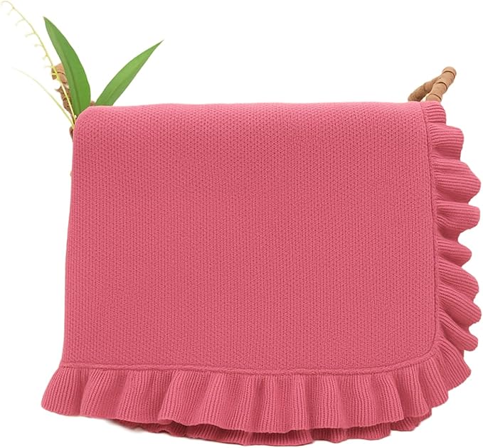 Cotton Baby Blanket with Ruffle Edge Soft Breathable Newborn Blanket for Boys & Girls, Lightweight Knit Throw for Crib, Stroller & Nursery Multiple Colors Available Red 30x40