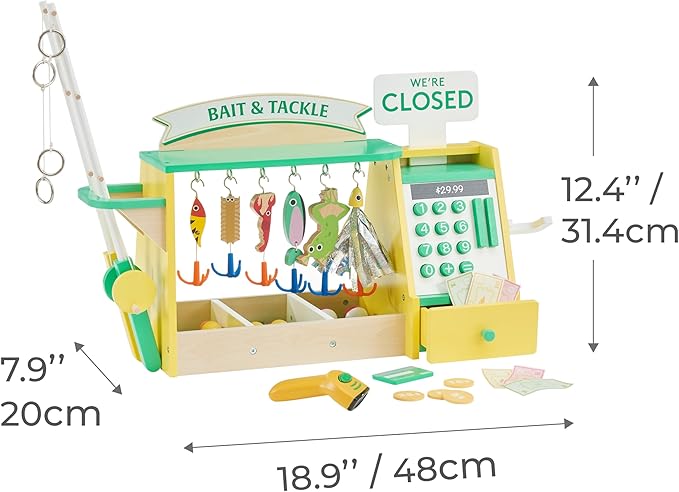 Teamson Kids Fishing Shop Playset with Cash Register & Scanner, Wooden Role Play Counter for Toddlers, Pretend Market Toy with Fish & Accessories, STEM Gift for Ages 3+