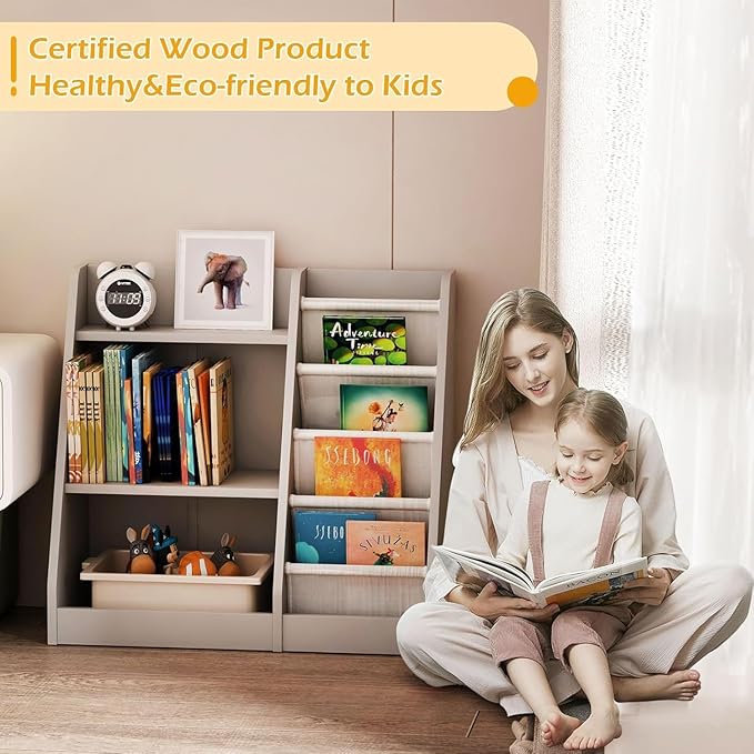 NACHES Montessori Kids Bookshelf Fabric Sling Pockets & Open Shelves – Front Facing Toddler Book Display and Toy Storage Organizer for Nursery Playroom or Bedroom 25" Wide (Gray, Small)