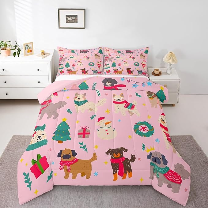 Erosebridal Cute Dog Comforter Set King Size Puppy Dog Cartoon Xmas Bedding Set Christmas Tree Quilts for Kids Boys Girls Bedroom Decor Snowman Duvet Insert with 2 Pillow Cases